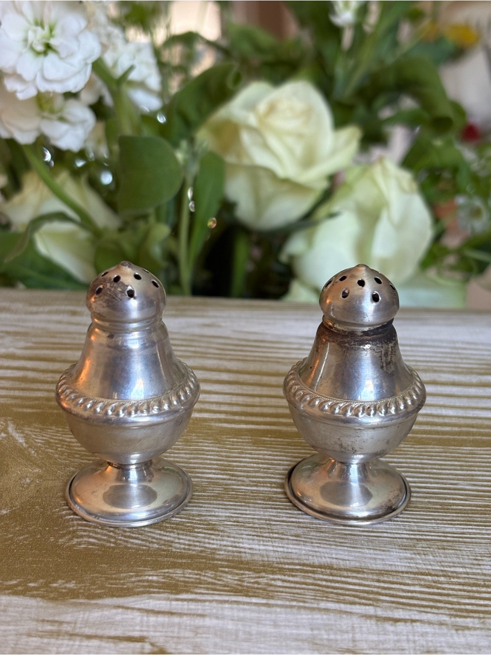 Sterling Silver Vintage Sculpted Individual Salt and Pepper Shakers PAIR